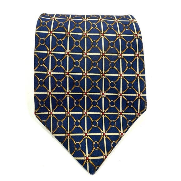 Vintage Burberrys Silk Tie Horsebit Bridle Chain Pattern Navy Handmade In USA - Picture 1 of 9